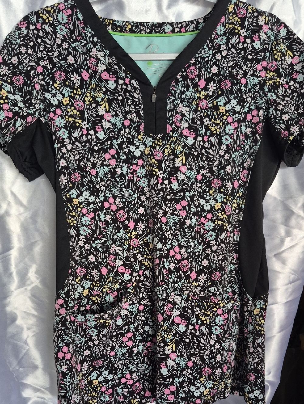 healing hands Black Floral Print Scrub Top with Pink, Blue & Yellow Accents